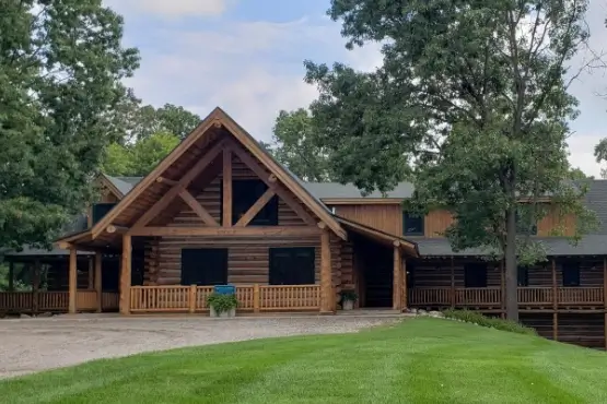 Exterior of a large log lodge