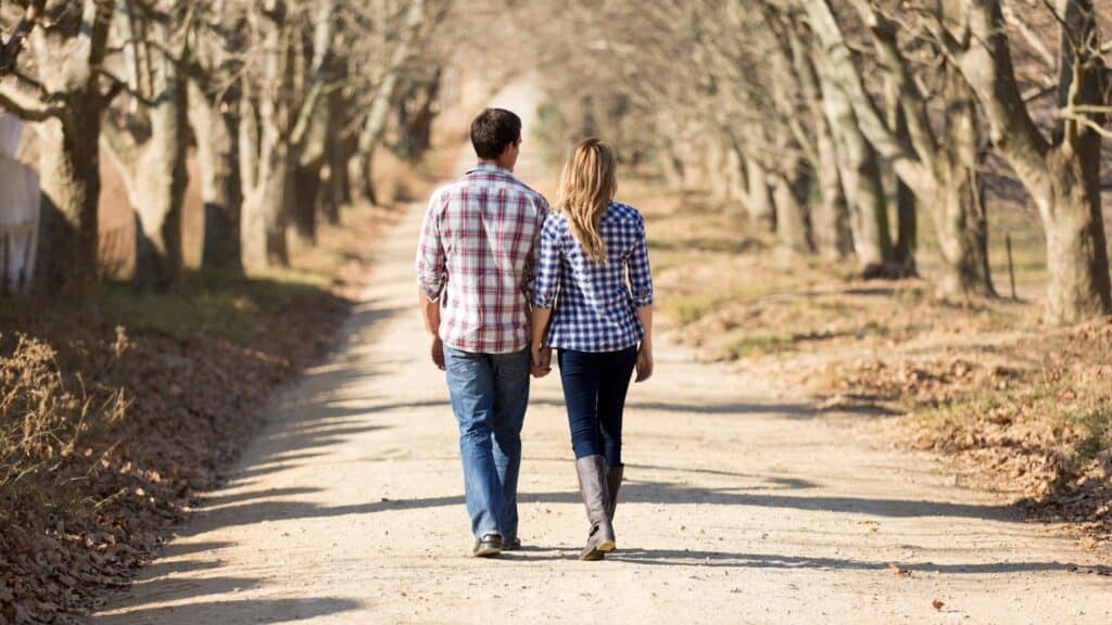 A couple walks hand in hand down a tree-lined dirt path, seen from behind.