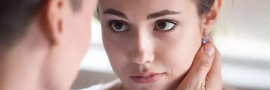 Hope restored in this couple's marriage as this young wife looks into her husband's eyes with trust.